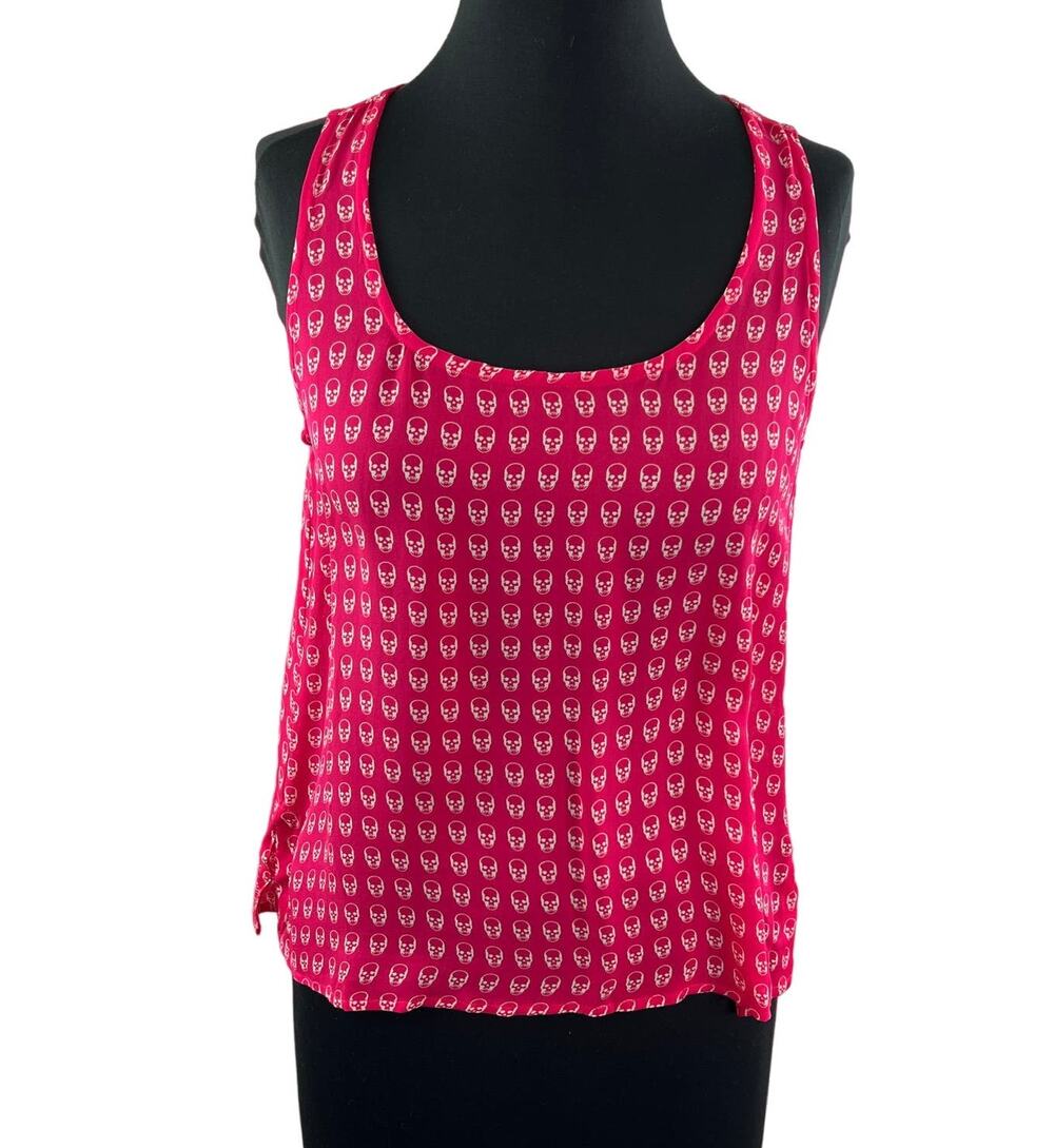 E.VIL Pink White Skull Silk Sleeveless Scoop Neck Pullover Tank Top Sz XS NEW